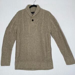 True Rock Sweater Men’s Large Shawl Collar Cable Knit Top Cafe Au Lait Brown `